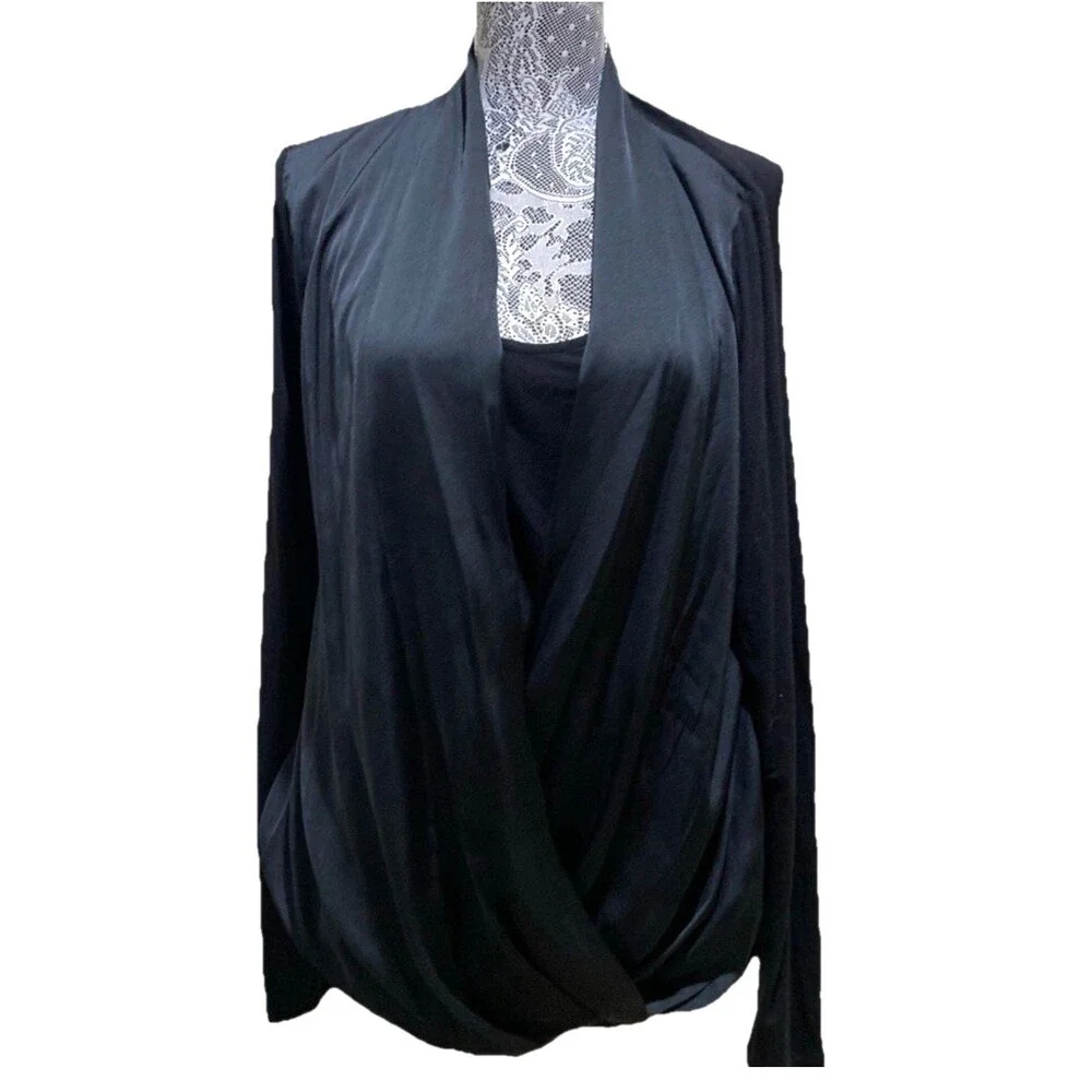 Michael Kors Women L Black Draped Crossover Blouse L/S Surplice Wrap Shirt Top